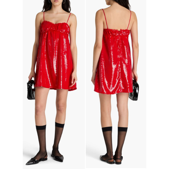 NWT Ganni Ruffle-Trimmed Sleeveless Sequined Crepe Mini Dress Red Womens Size 6 - Picture 1 of 7